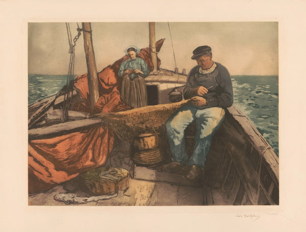 Avant la peche Bretagne  couple de pecheur sur une barque