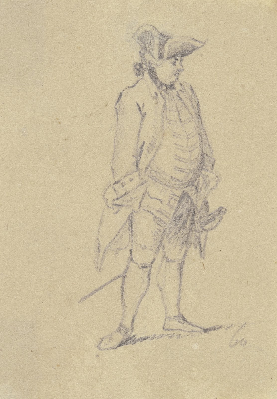 Stehender Offizier mit Degen 1760