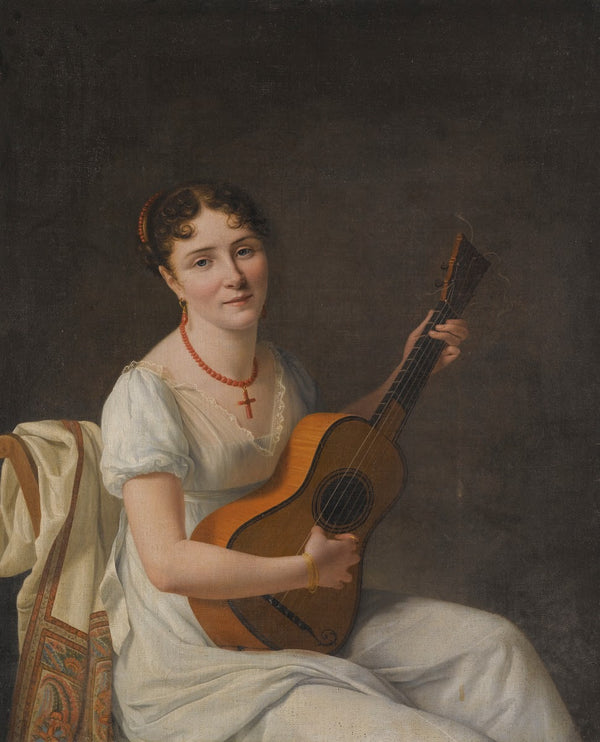 Portrait Of A Lady Seated In An Interiorwearinga White Dress And Playing The Gui
