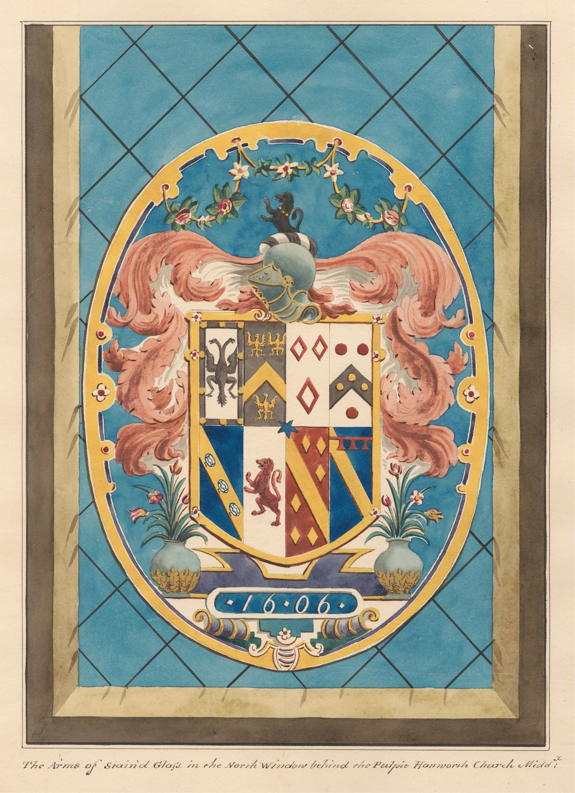 Coat of Arms in Stained Glass Window behind the Pulpit form Hanworth Church 1796