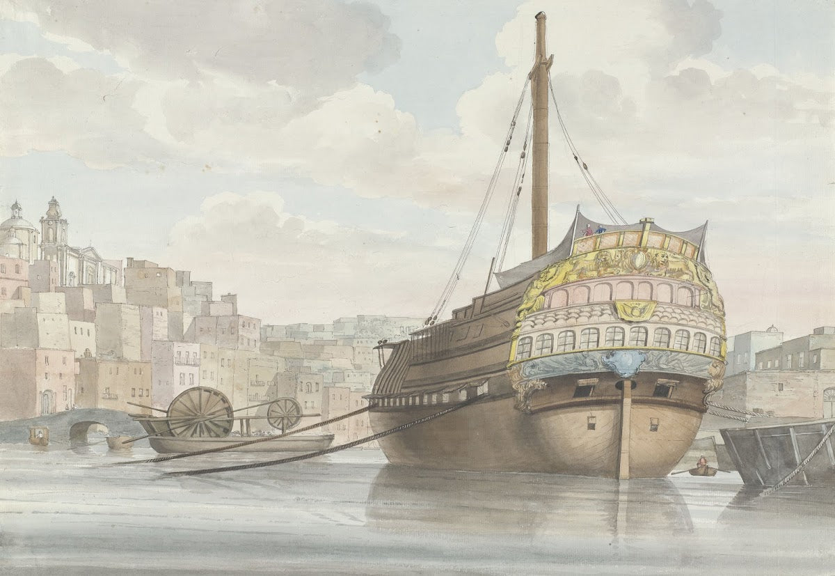 Gezicht op haven met galei schip vlakbij de werf 1778