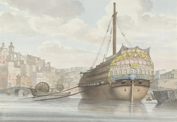 Gezicht op haven met galei schip vlakbij de werf 1778