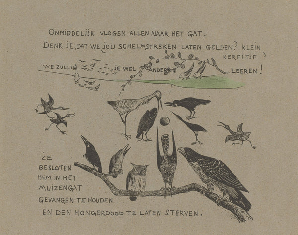 Tekstblad met diverse vogelsoorten bij het muizenhol waarin de winterkoning verd