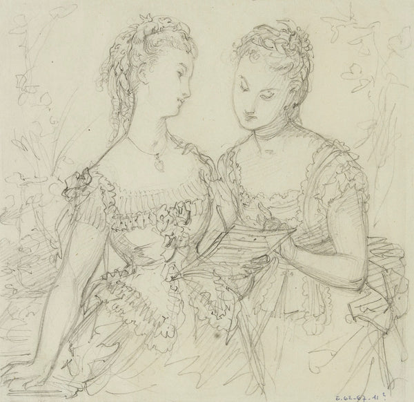 Deux jeunes filles en robes à volants lisant une lettre 1873