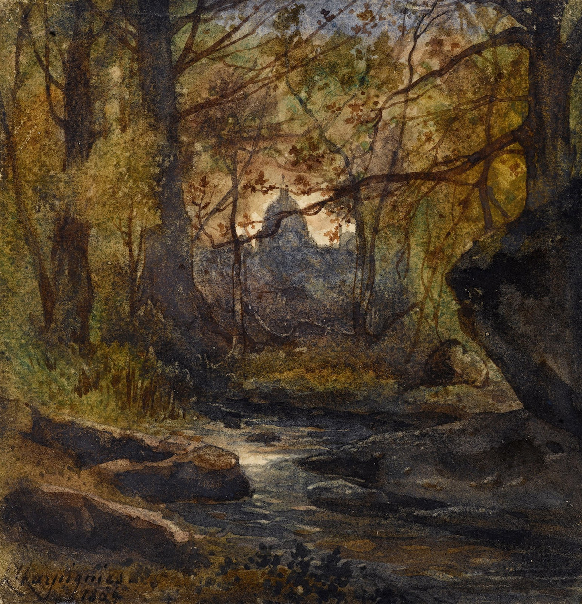 Sous bois avec un dôme dans le lointain 1864