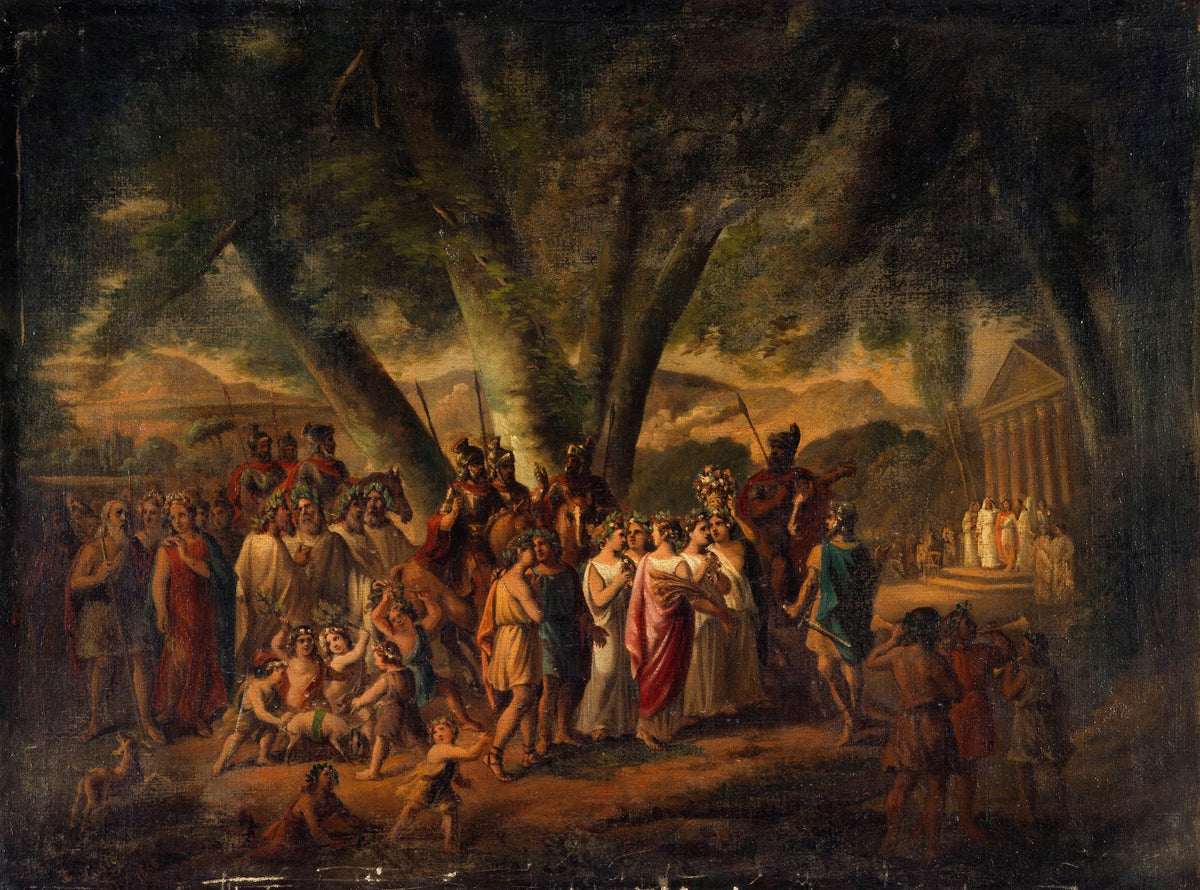 Sujet antique procession se dirigeant vers un temple 1866