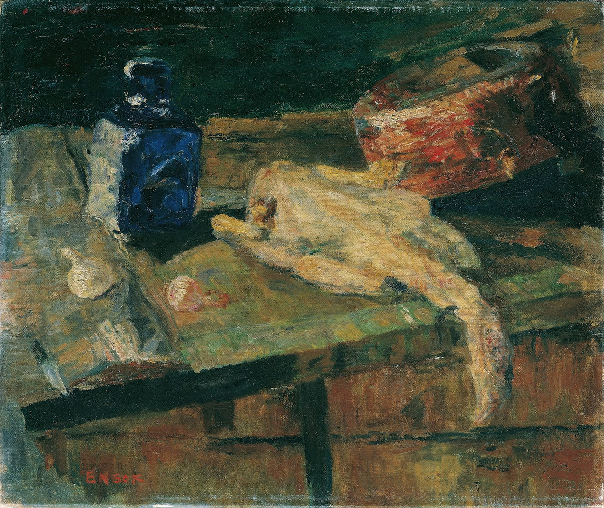 Stillleben mit blauer Flasche und gerupftem Huhn 1910