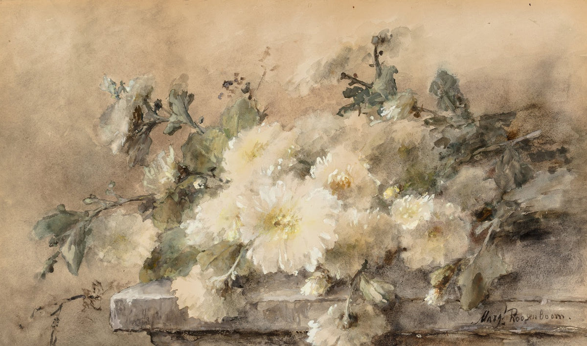 Spray of white chrysanthemums on a stone ledge