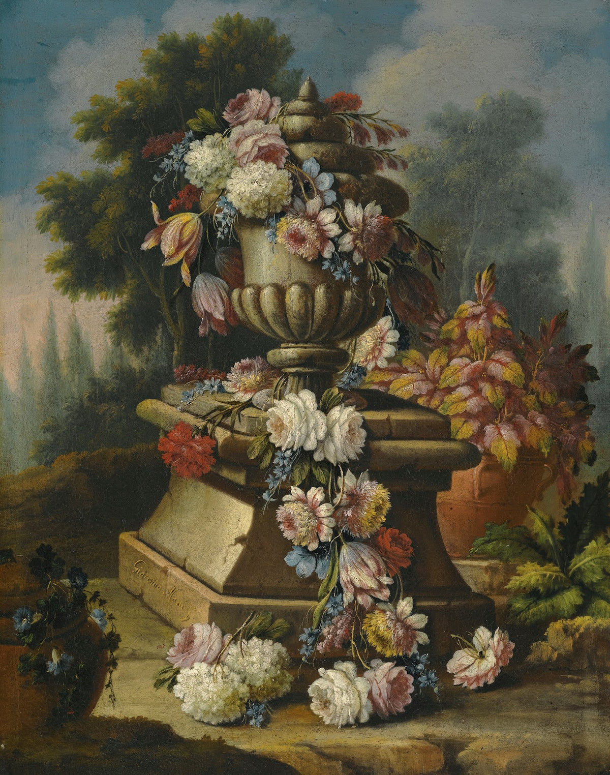 A Still Life With A Garland Of Roses Tulips Carnations And Other Flowers Draped