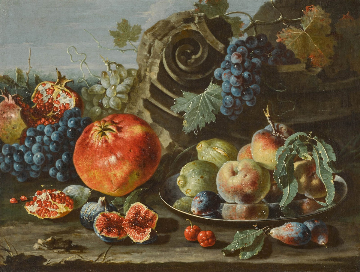 Still life of pomegranates grapes figs plums and peaches on a silver plate
