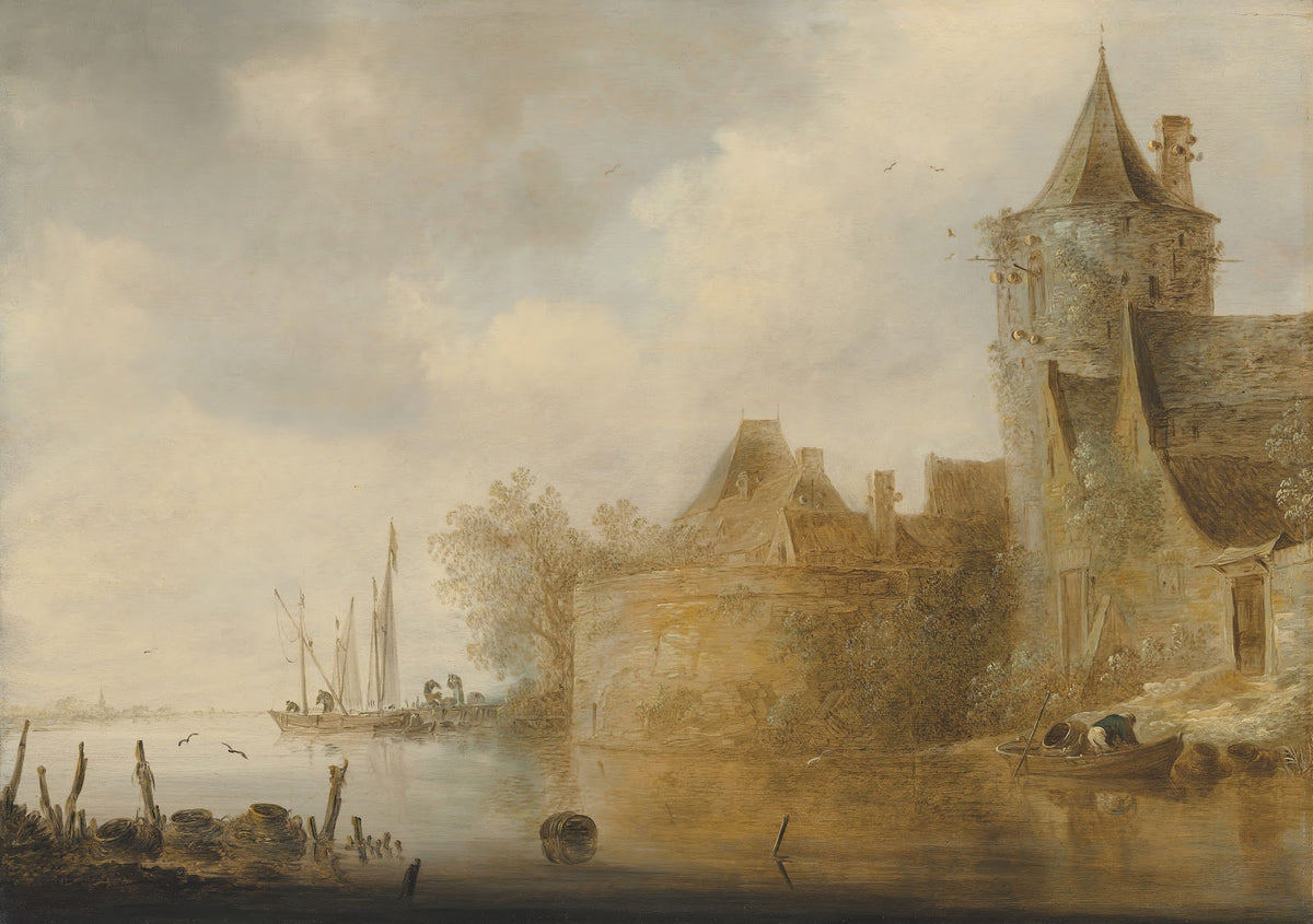 River landscape with a tower and village buildings behind a wall
