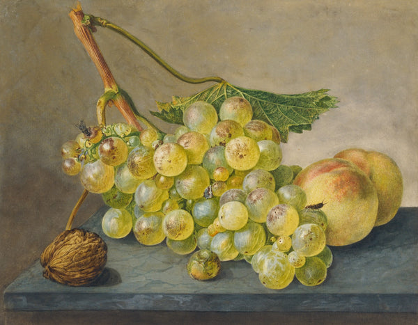 A Bunch Of Grapes A Nut And Two Peaches