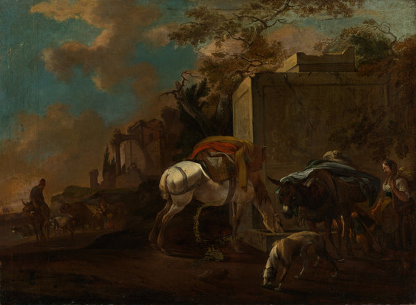 Italienische Landschaft mit Bauern und Vieh am Brunnen