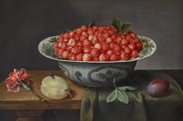 Wild strawberries in a Delftware bowl