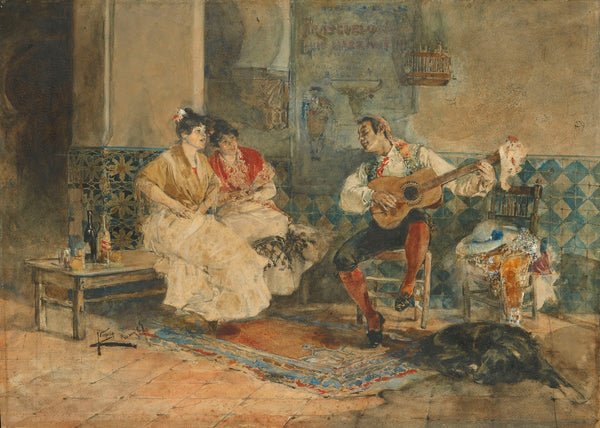 Two women in an interior listening to a guitarist 1887