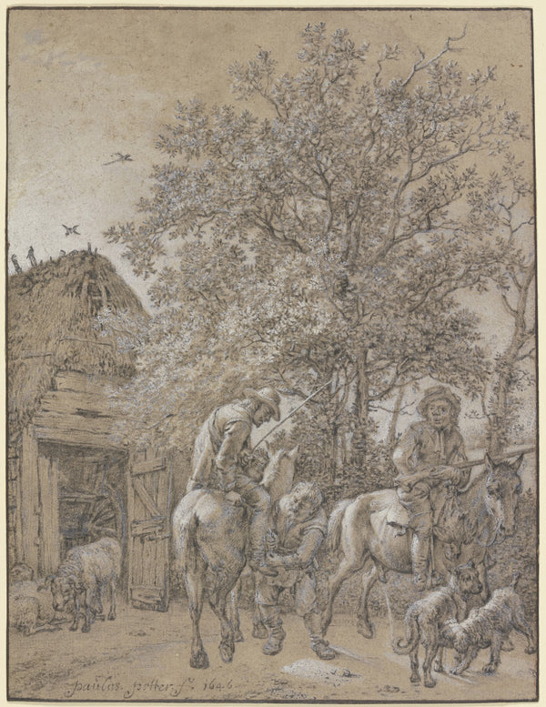 Vor einer Hütte halten zwei Reiter 1646