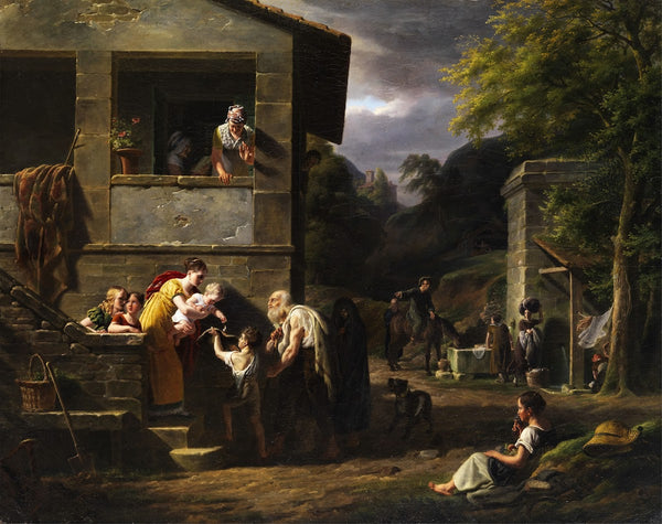 Blinder Bettler und kleiner Junge am Haus einer vornehmen Dame 1819