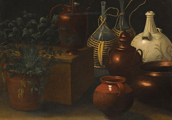 A Still Life With Two Wicker Covered Glass Bottles A Jug A Selection Of Other Po