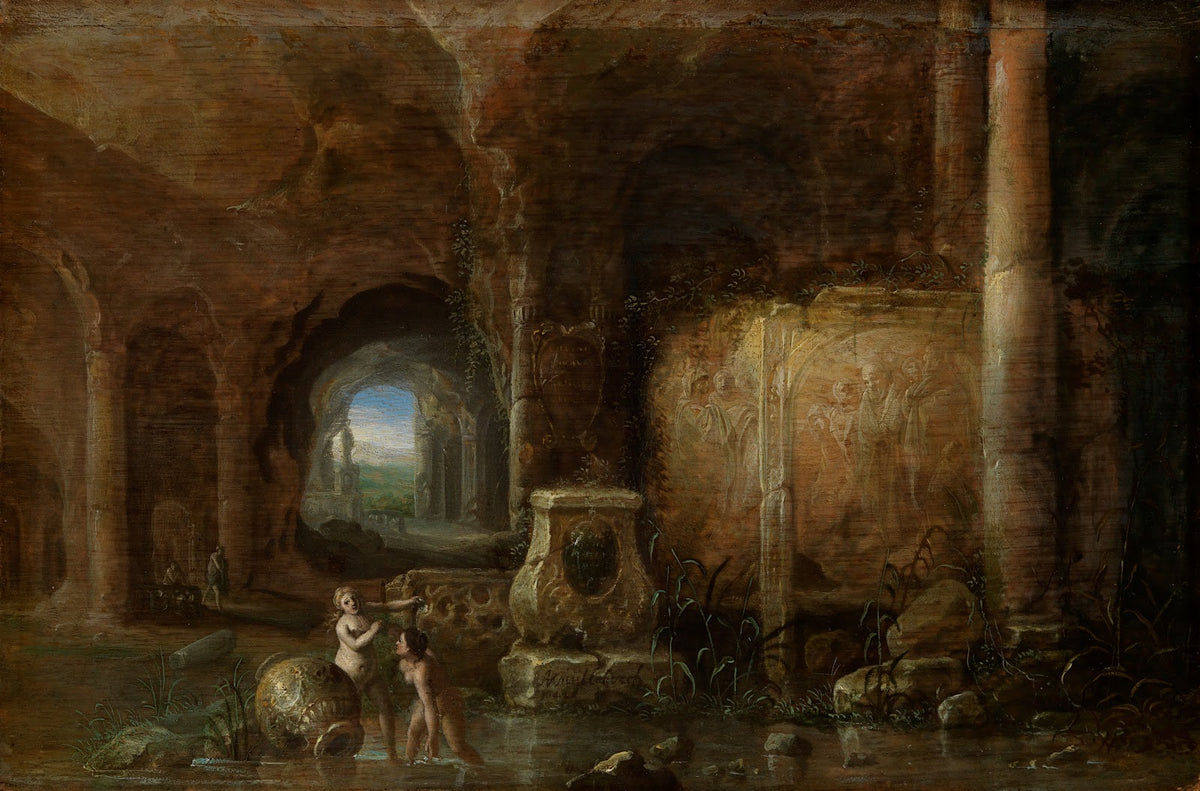 Grotto with ancient sculptures and bathing women