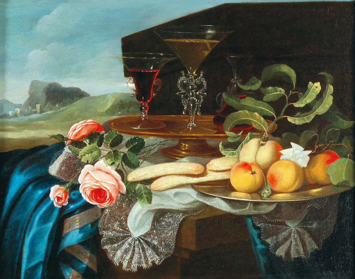 Still life of flowers and fruit