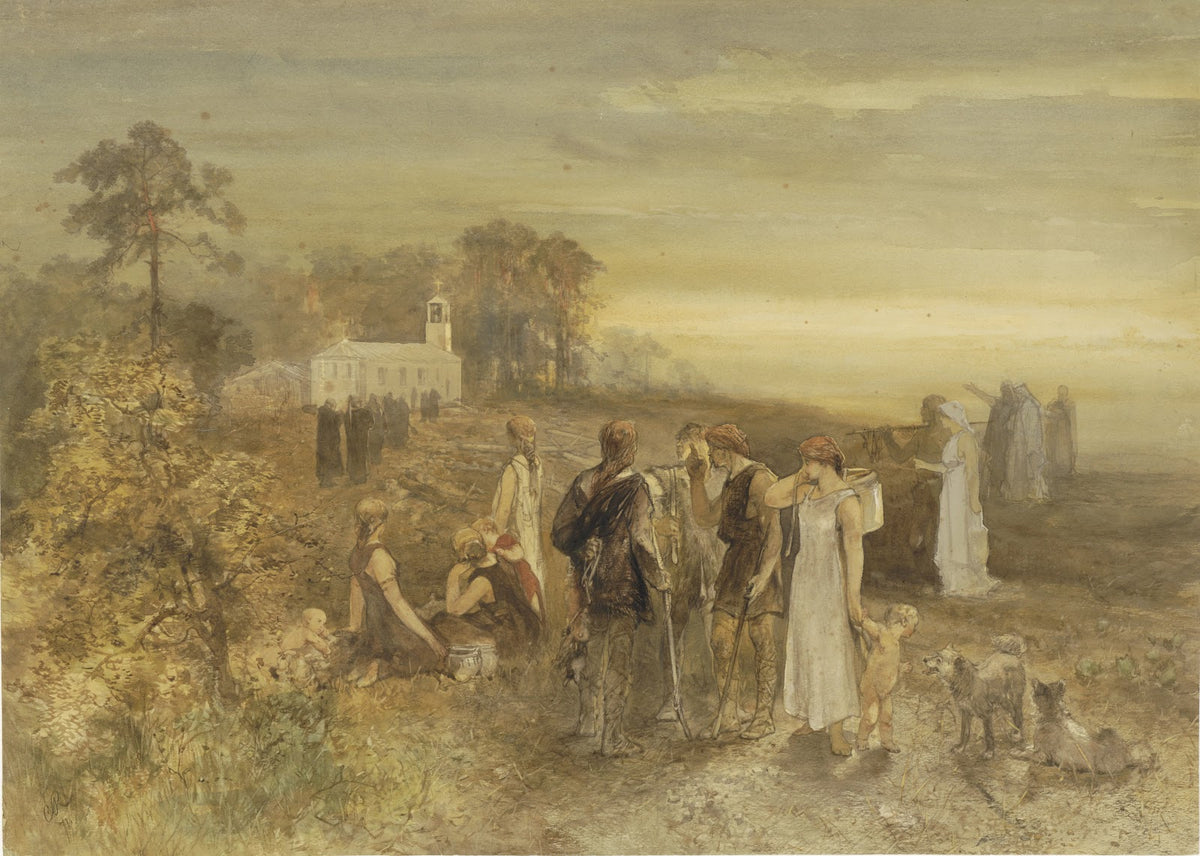 Monniken begeven zich naar een kerk gadegeslagen door een groep Germanen 1871