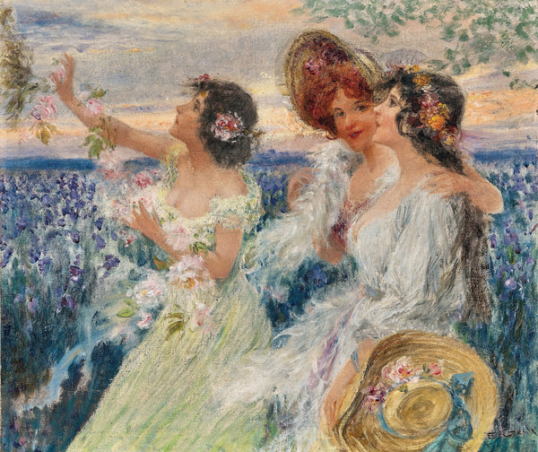 Springtime three ladies before a field of lilies