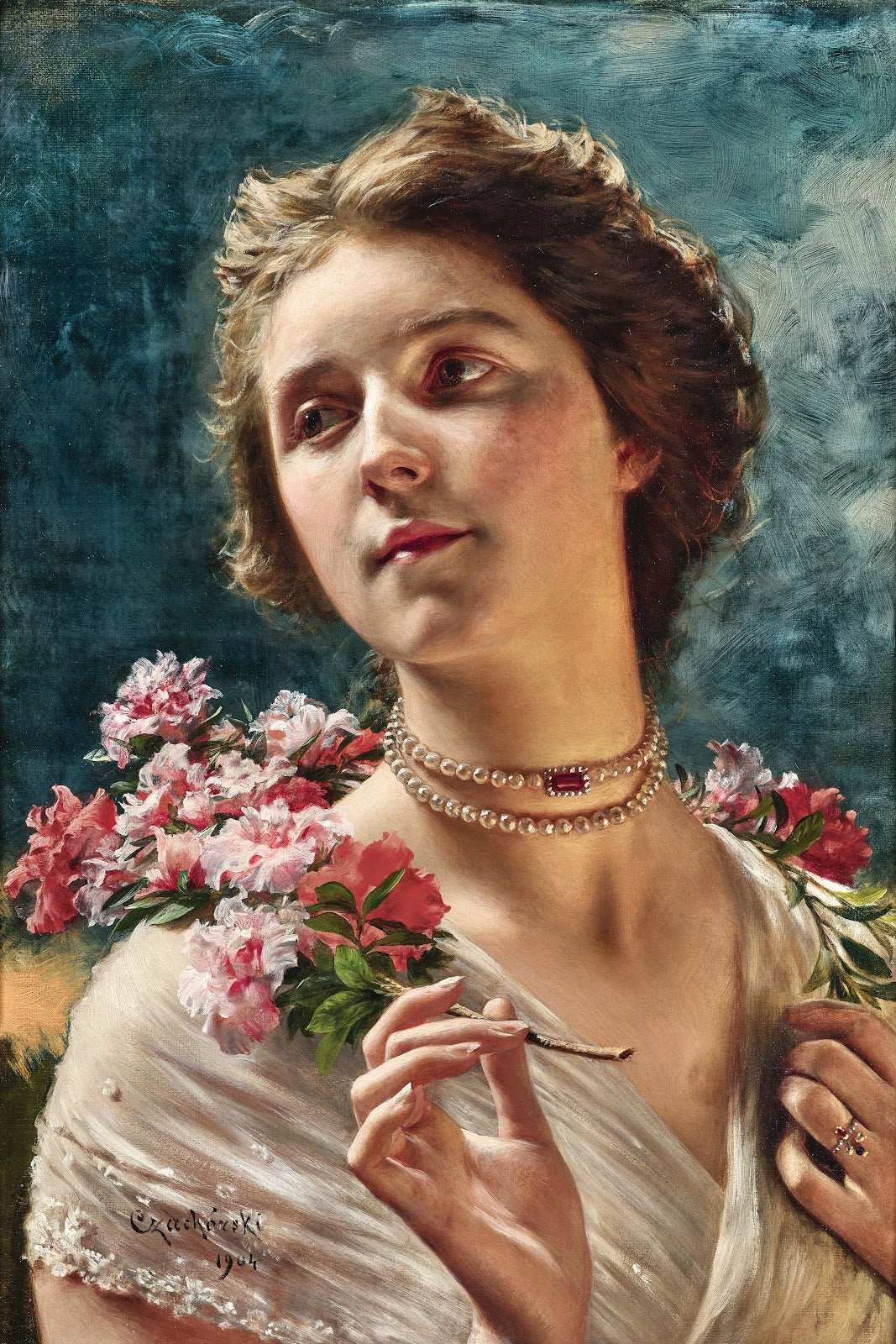 A Young Lady with a Floral Garland Draped Over Her Shoulders and a Pearl Necklac