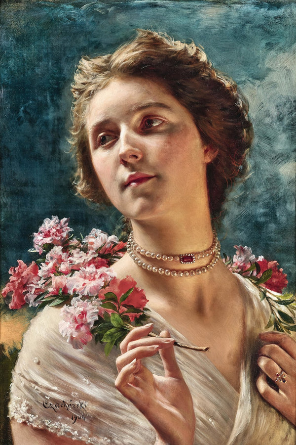 A Young Lady with a Floral Garland Draped Over Her Shoulders and a Pearl Necklac
