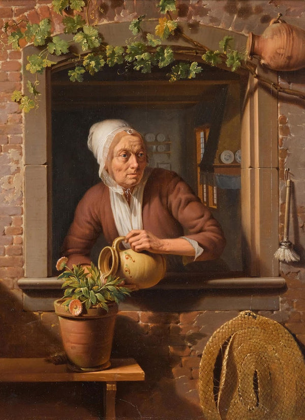 A Peasant Lady Watering A Flower Pot On A Wooden Table With A View Of The Interi