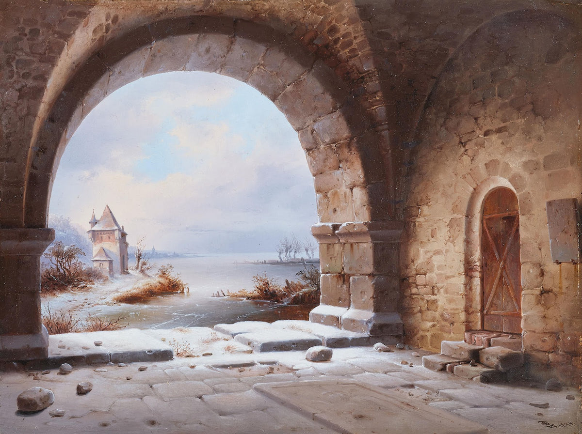 Blick aus einem Kloster auf eine Winterlandschaft 1844