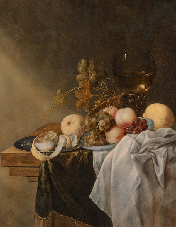 A bowl of peaches and grapes with a roemer and a peeled lemon 1648