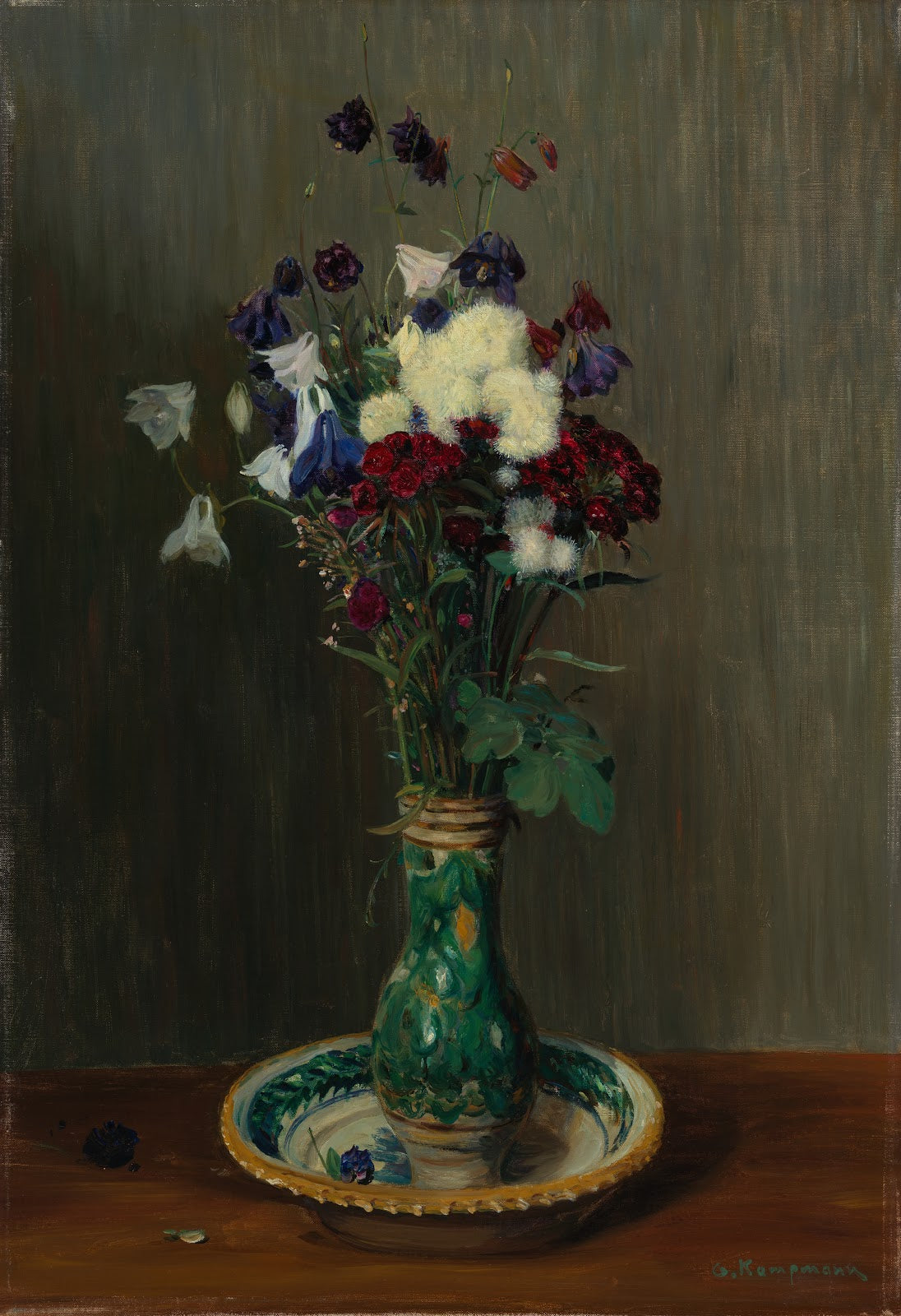 Akeleien und Nelken in grüner Vase ca 1916