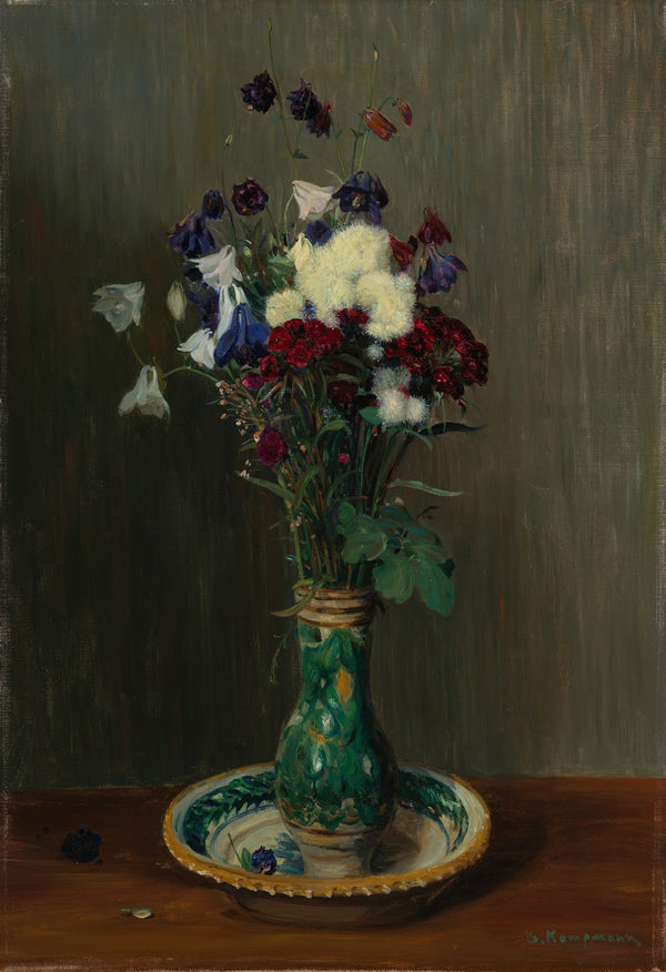 Akeleien und Nelken in grüner Vase ca 1916