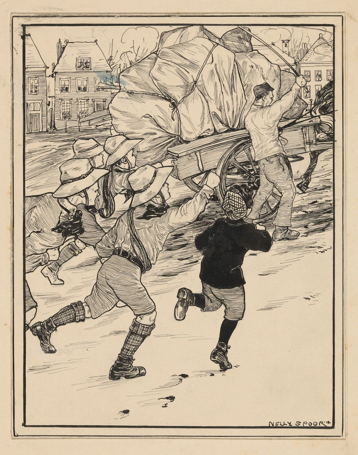 couts rennend achter een bepakte paardenkar 1917