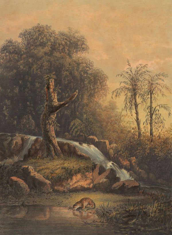 Landschap met waterval en drinkend luipaard Woest landschap oosthoek van Java 18