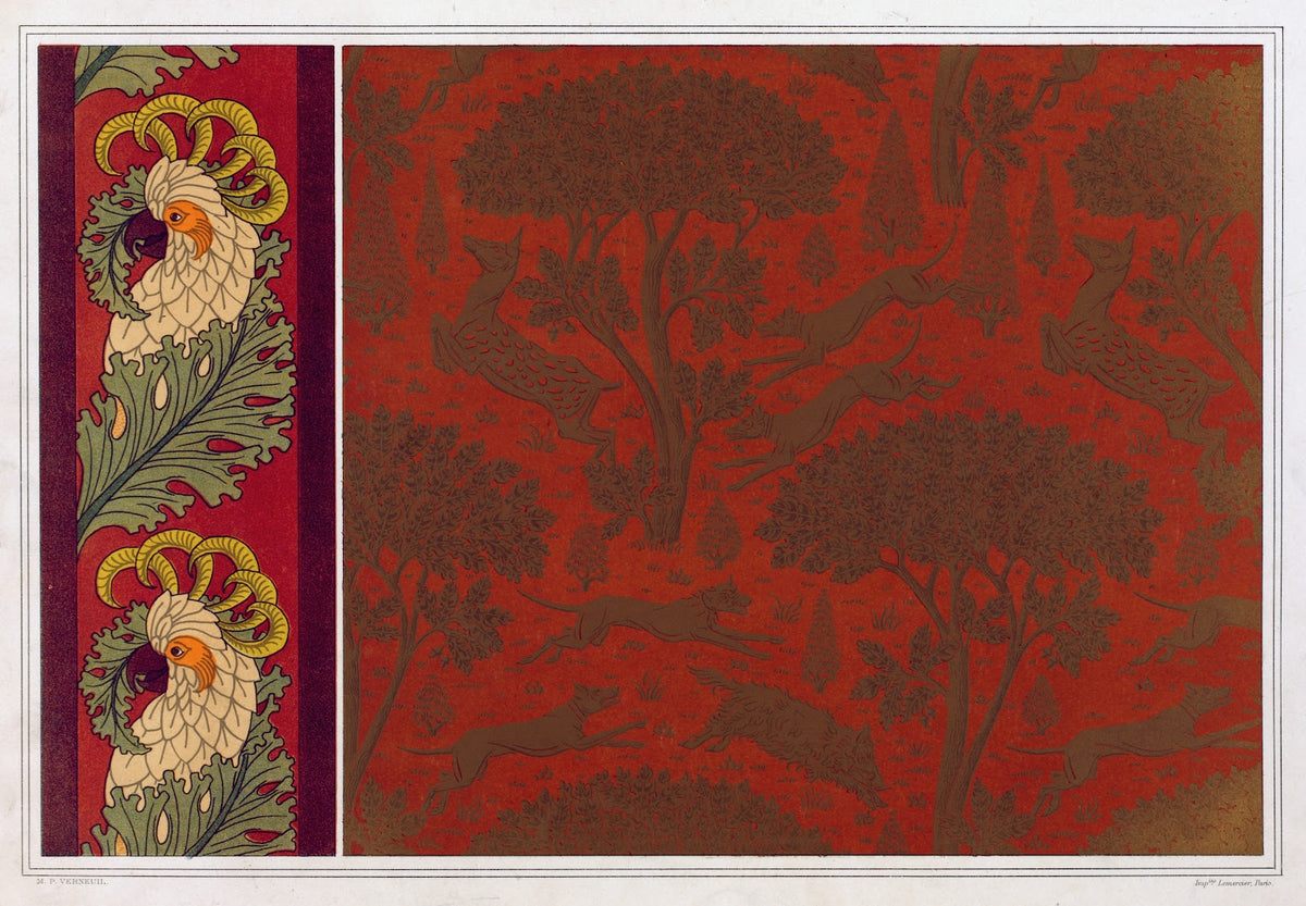 Cacatoès bordure Chiens chevrettes et marcassins cuir gaufré et doré 1897