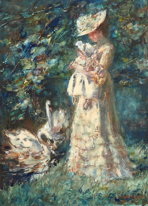 Feeding the Swans the Artists Wife Tjieke and their Daughter Albertine