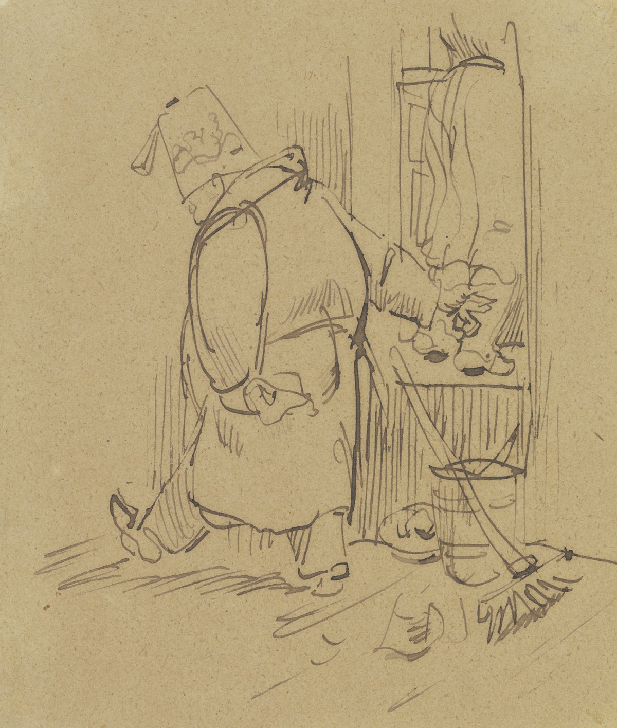 Herr Knopp stößt im Vorbeigehen seine putzende Frau aus dem Fenster 1876