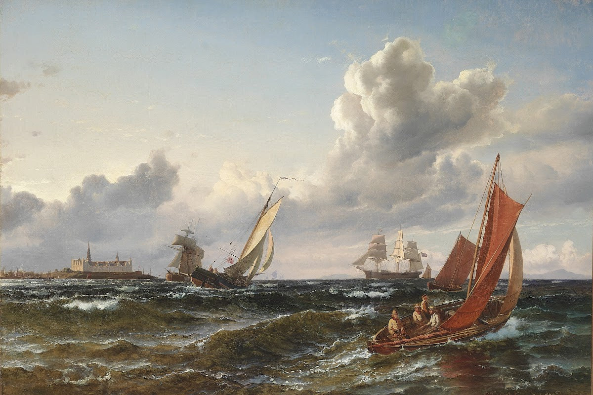 Sejlskibe og fiskerbåd i Sundet ud for Kronborg 1870