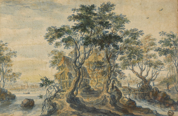 River Landscape with House on a Rocky Island about 16201630