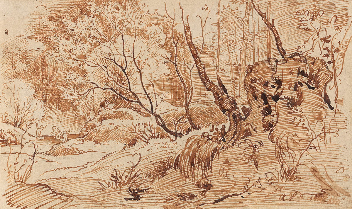 Waldlandschaft mit badenden Kindern Ca 1860