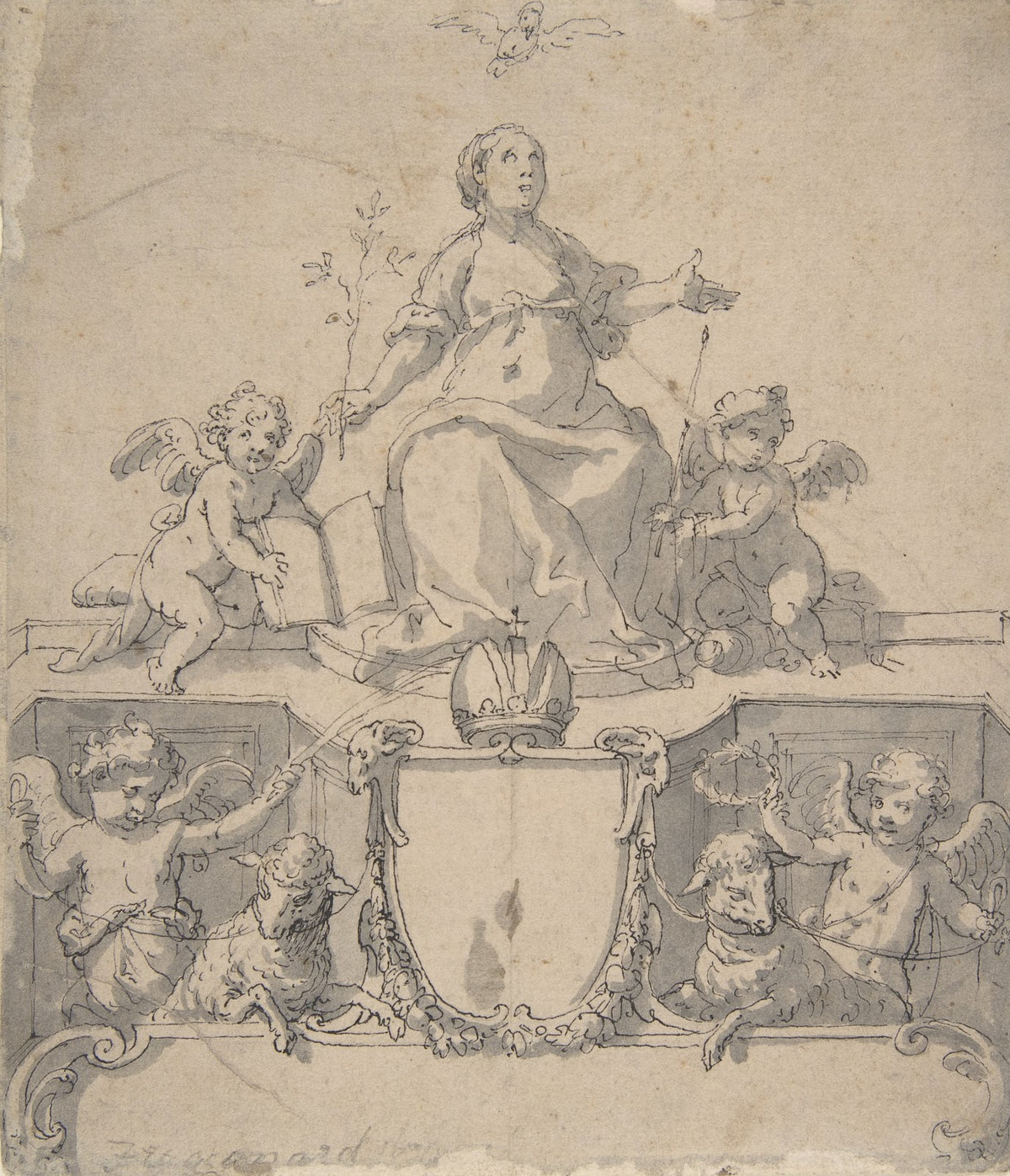 Cartouche with a Crown the Virgin and the Holy Ghost and Four Putti early 17th c