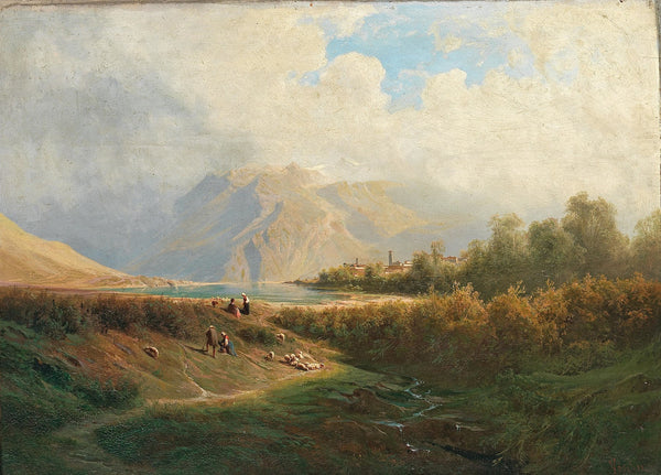 Upper Italian Town on a Lakeshore with Herd of Sheep and Shepherd in the foregro
