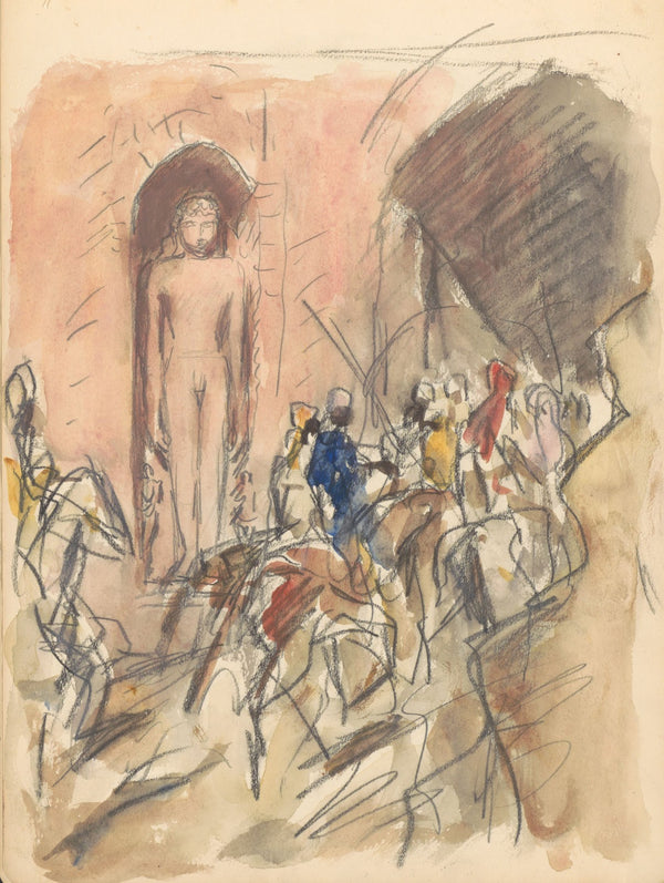 Optocht van ruiters voor een nis met een beeld van een Hindoeïstische god 1924