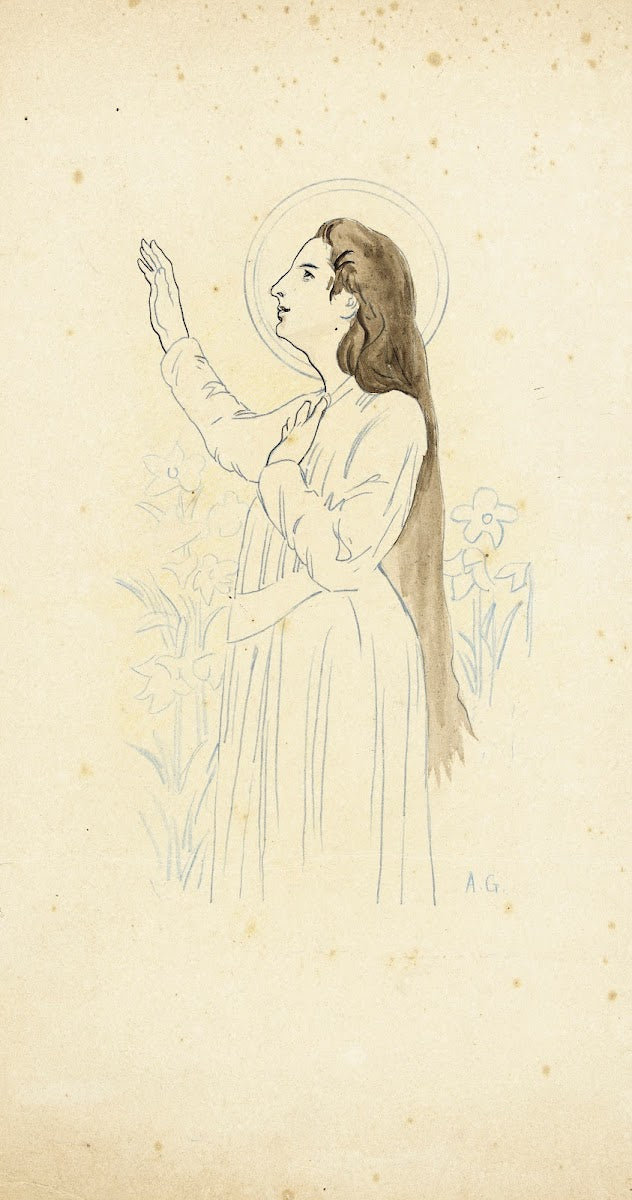 Sainte de profil vers la gauche le bras droit levé 1898