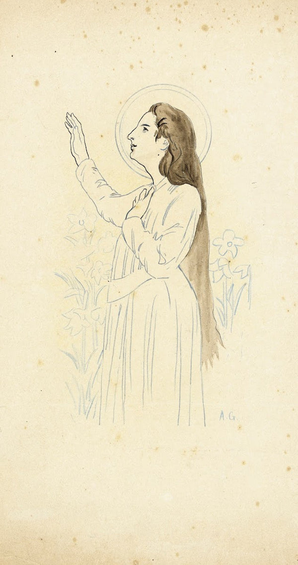 Sainte de profil vers la gauche le bras droit levé 1898