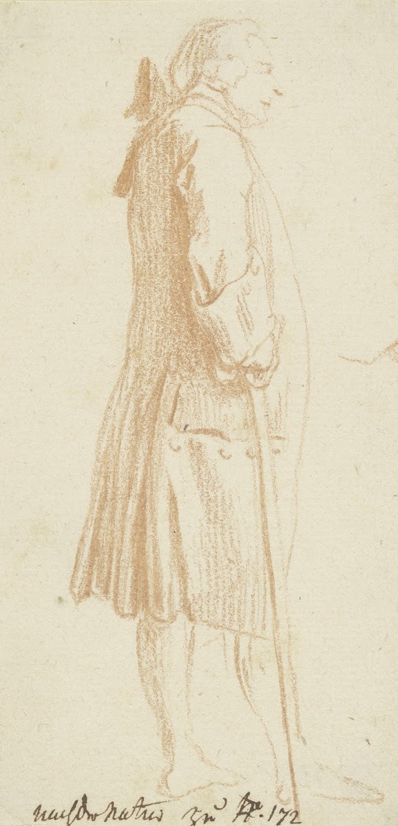 Stehender Mann mit einem Stock in der Rechten im Profil nach rechts 1776