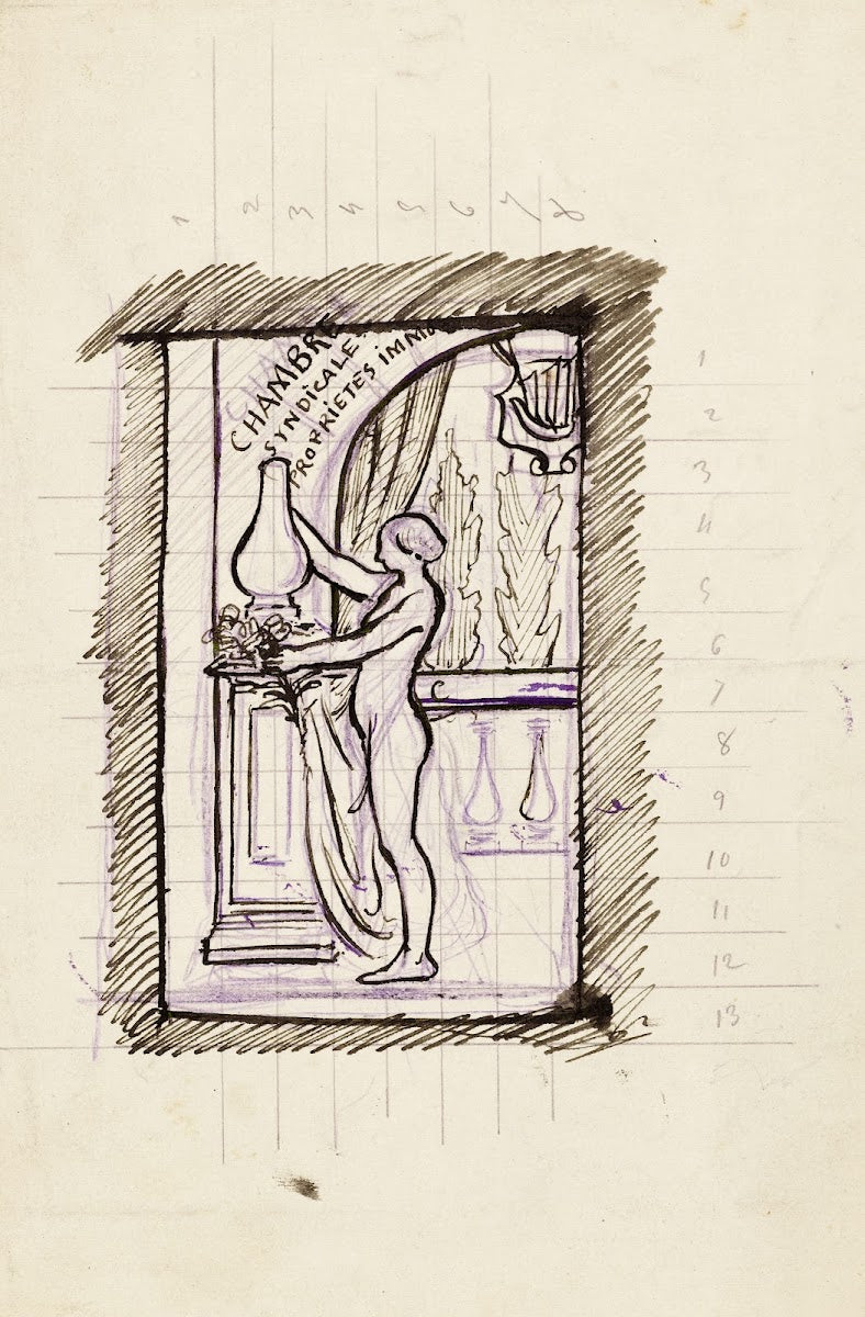 Jeune femme nue devant une balustrade préparant un bouquet dans un vase
