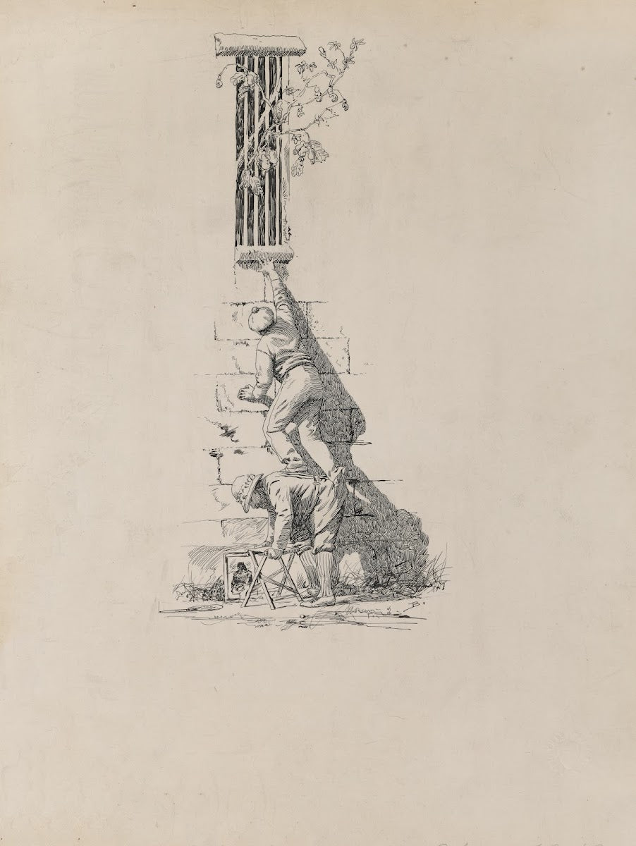 Initial I man reaching up to window ledge boosted on anothers back 1882 1886