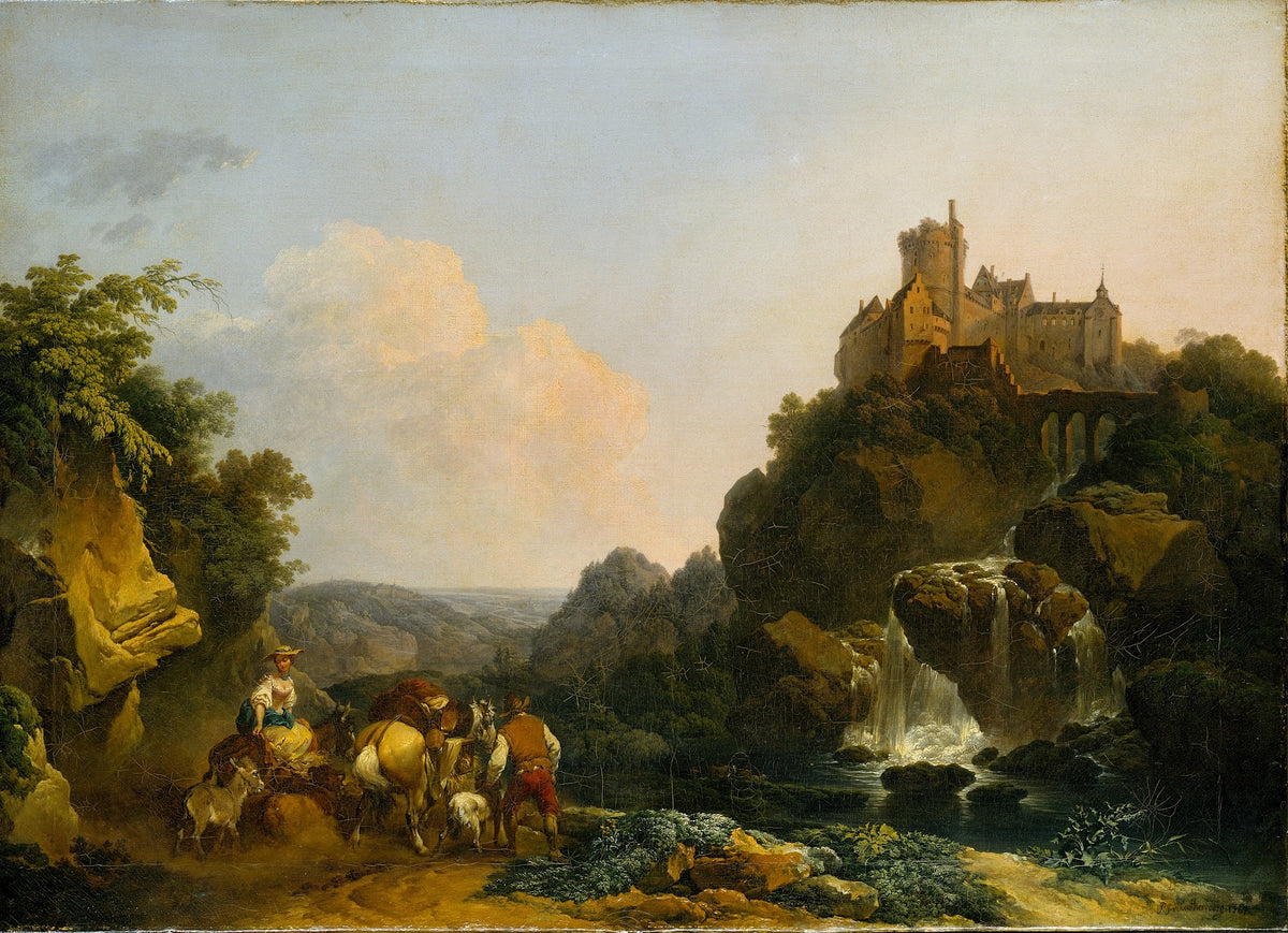 Landscape with Waterfall Castle and Peasants 1767